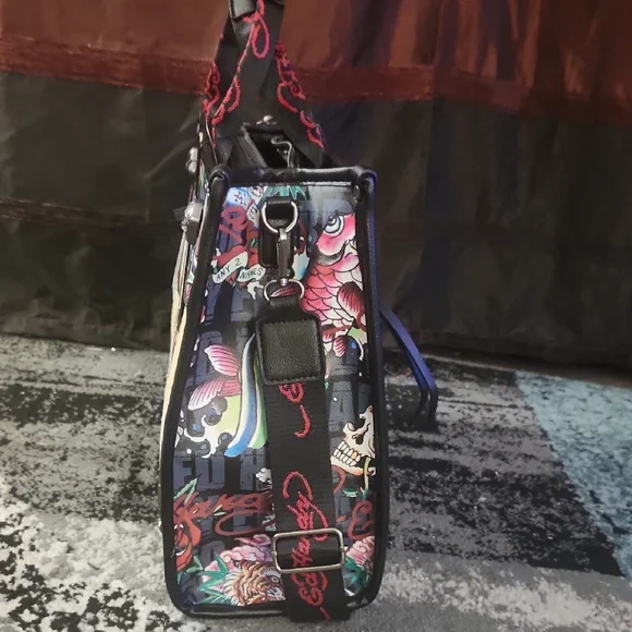 Ed Hardy Multicolor Straw-Front Tote with Skull Heart Graphic - Picture 5 of 7